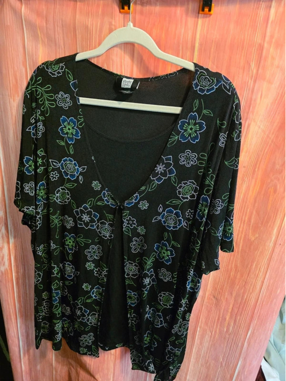 Studio 1940 Womens Plus 3X 2-in-1 Layer Floral Cardigan Top Black Blue Green USA